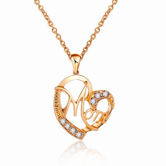 Golden MOM Heart Pendant Necklace with Rhinestones - Adjustable 47+5cm Chain, Lightweight Alloy Jewelry for V888-ELOSUNG48675