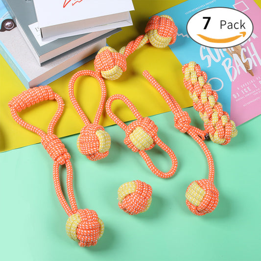 7-Piece Orange-yellow Durable Cotton Rope Dog Toy Set - Washable Knotted Ball & Tug Toys for Aggressive V888-ELOSUNG48684