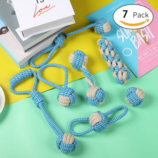 7-Piece Blue-gray Durable Cotton Rope Dog Toy Set - Washable Knotted Ball & Tug Toys for Aggressive Chewers, V888-ELOSUNG48685