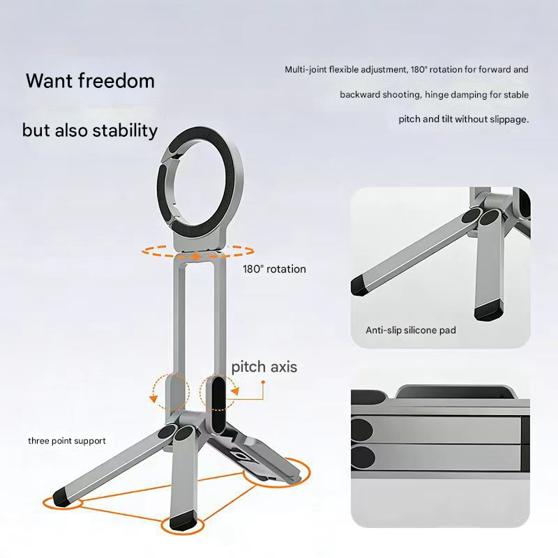 Silver Portable Magnetic Phone Mount with MagLock - Multi-Functional Foldable Tripod Stand for Desktop, V888-ELOSUNG48713