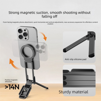 Silver Portable Magnetic Phone Mount with MagLock - Multi-Functional Foldable Tripod Stand for Desktop, V888-ELOSUNG48713