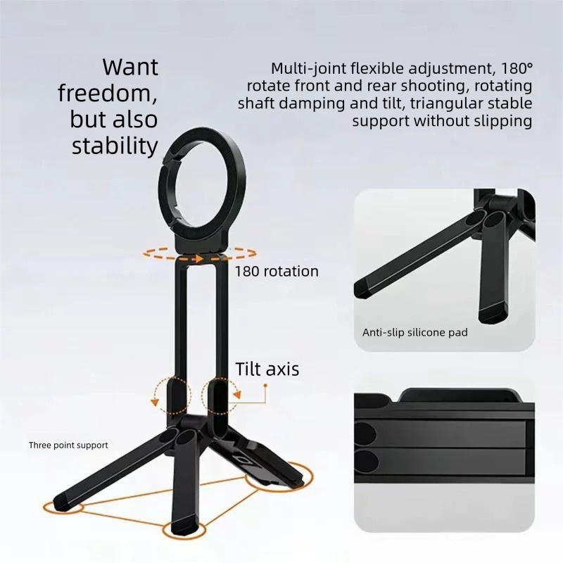 Black Portable Magnetic Phone Mount with MagLock - Multi-Functional Foldable Tripod Stand for Desktop, Travel V888-ELOSUNG48714