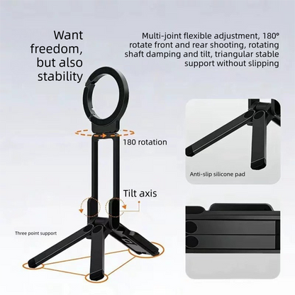 Black Portable Magnetic Phone Mount with MagLock - Multi-Functional Foldable Tripod Stand for Desktop, Travel V888-ELOSUNG48714