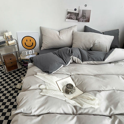 Haze gray Washed Cotton Bedding Set - Solid Color Fitted Sheet Style, 4-Piece Set for 1.5m Bed, Includes 10 V888-ELOSUNG48721