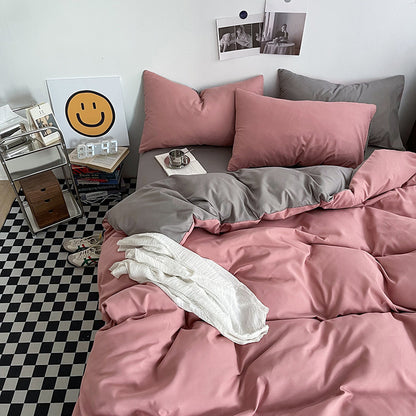 Light grey and pink Washed Cotton Bedding Set - Solid Color Fitted Sheet Style, 4-Piece Set for 1.5m Bed, V888-ELOSUNG48722