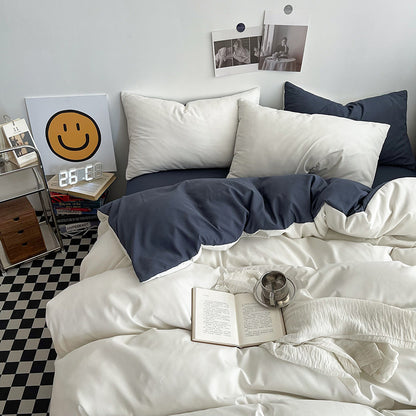White and Dark Grey Washed Cotton Bedding Set - Solid Color Fitted Sheet Style, 4-Piece Set for 1.5m Bed, V888-ELOSUNG48723