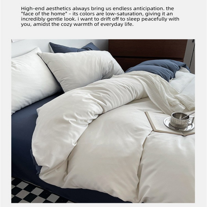 White and Dark Grey Washed Cotton Bedding Set - Solid Color Fitted Sheet Style, 4-Piece Set for 1.5m Bed, V888-ELOSUNG48723