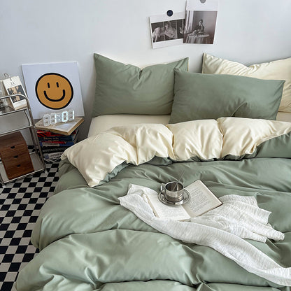 Matcha Cheese Washed Cotton Bedding Set - Solid Color Fitted Sheet Style, 4-Piece Set for 1.5m Bed, Includes V888-ELOSUNG48725
