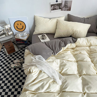 Light yellow and light gray Washed Cotton Bedding Set - Solid Color Fitted Sheet Style, 4-Piece Set for 1.5m V888-ELOSUNG48727