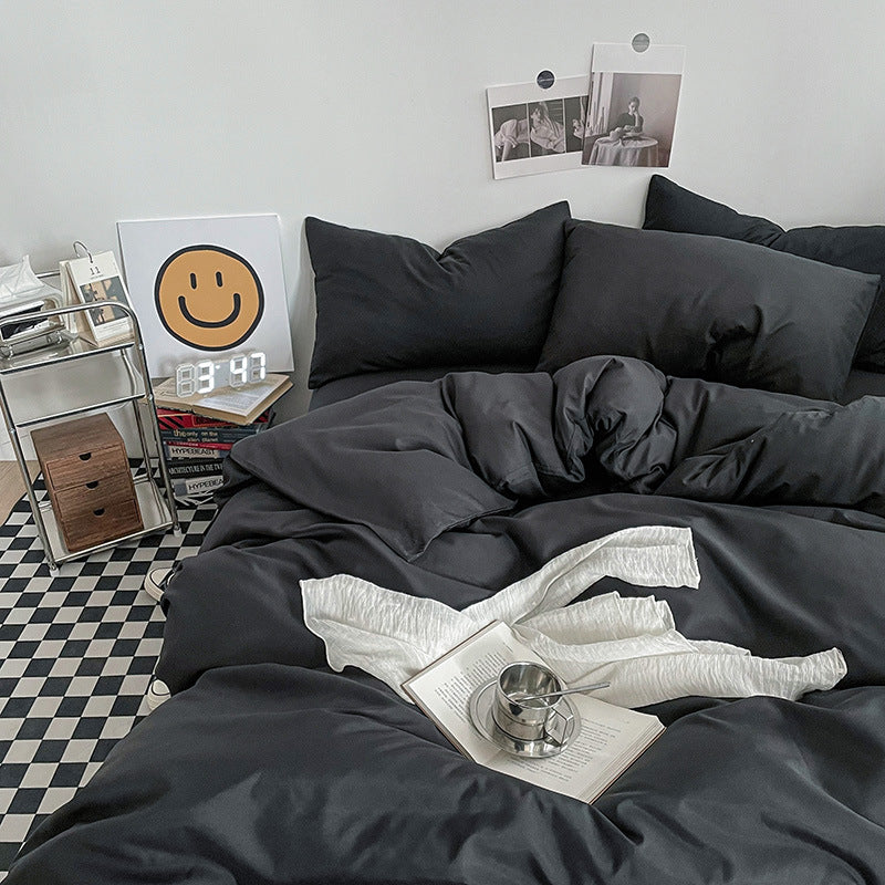 Black Washed Cotton Bedding Set - Solid Color Fitted Sheet Style, 4-Piece Set for 1.5m Bed, Includes 10 V888-ELOSUNG48728