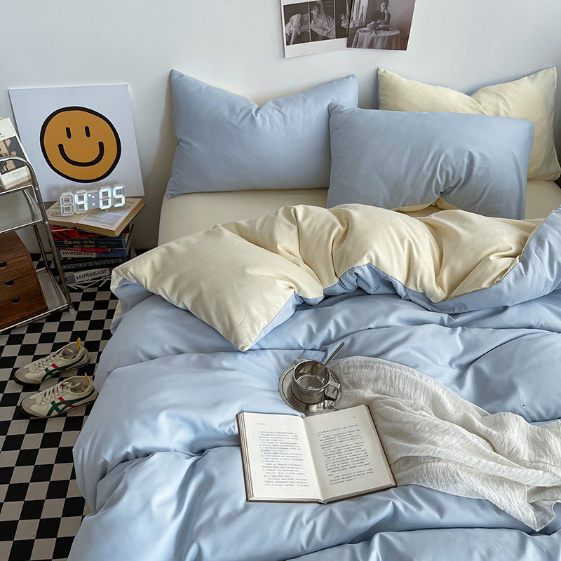 Light blue cheese Washed Cotton Bedding Set - Solid Color Fitted Sheet Style, 4-Piece Set for 1.5m Bed, V888-ELOSUNG48729