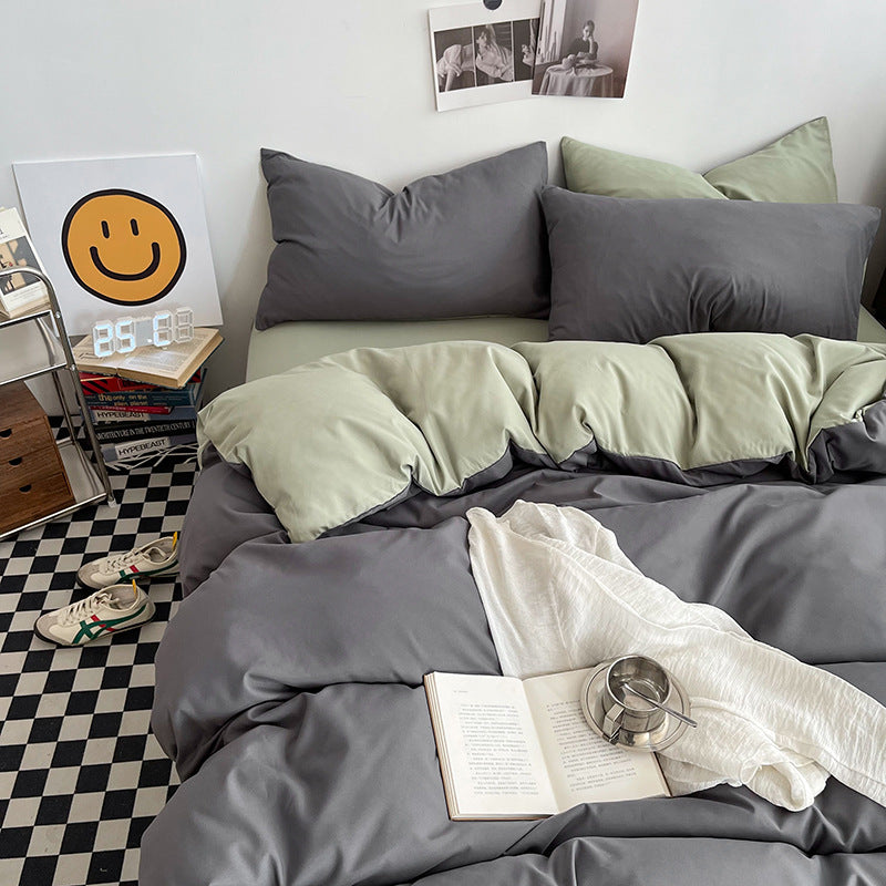 Dark gray matcha Washed Cotton Bedding Set - Solid Color Fitted Sheet Style, 4-Piece Set for 1.5m Bed, V888-ELOSUNG48731