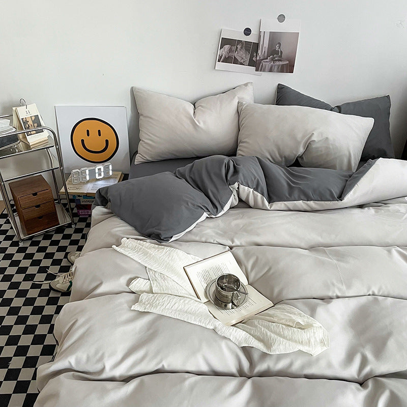 Haze gray Washed Cotton Bedding Set - Solid Color Fitted Sheet Style, 4-Piece Set for 1.8m Bed, Includes 10 V888-ELOSUNG48733