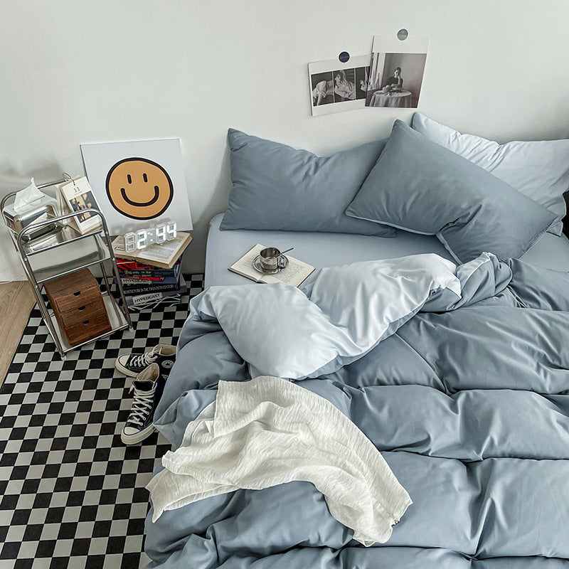 Hazy Blue Washed Cotton Bedding Set - Solid Color Fitted Sheet Style, 4-Piece Set for 1.8m Bed, Includes 10 V888-ELOSUNG48738