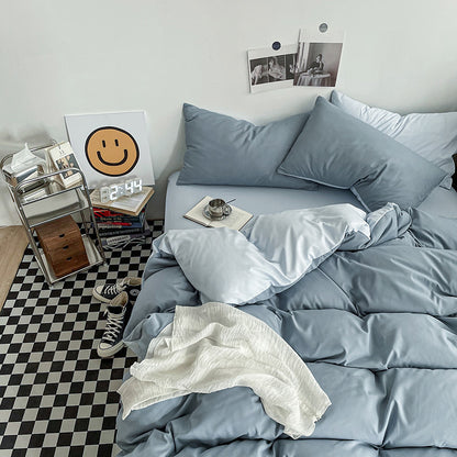 Hazy Blue Washed Cotton Bedding Set - Solid Color Fitted Sheet Style, 4-Piece Set for 1.8m Bed, Includes 10 V888-ELOSUNG48738