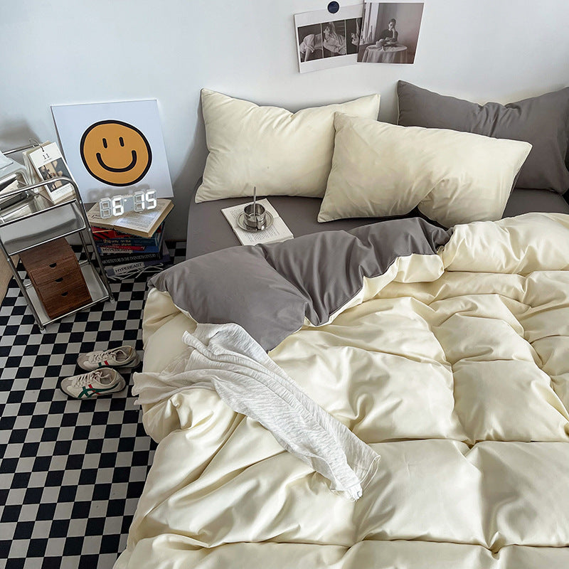 Light yellow and light gray Washed Cotton Bedding Set - Solid Color Fitted Sheet Style, 4-Piece Set for 1.8m V888-ELOSUNG48739
