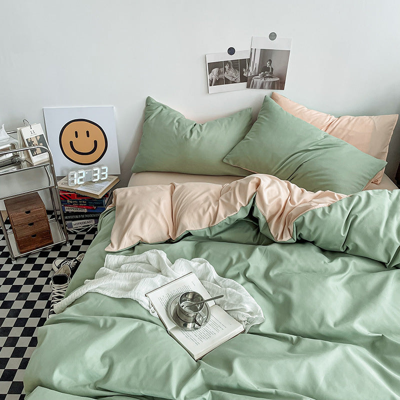 Light green and light camel color Washed Cotton Bedding Set - Solid Color Fitted Sheet Style, 4-Piece Set for V888-ELOSUNG48742