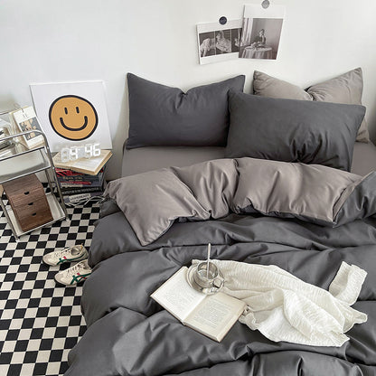 Dark gray and light gray Washed Cotton Bedding Set - Solid Color Fitted Sheet Style, 4-Piece Set for 1.8m V888-ELOSUNG48744