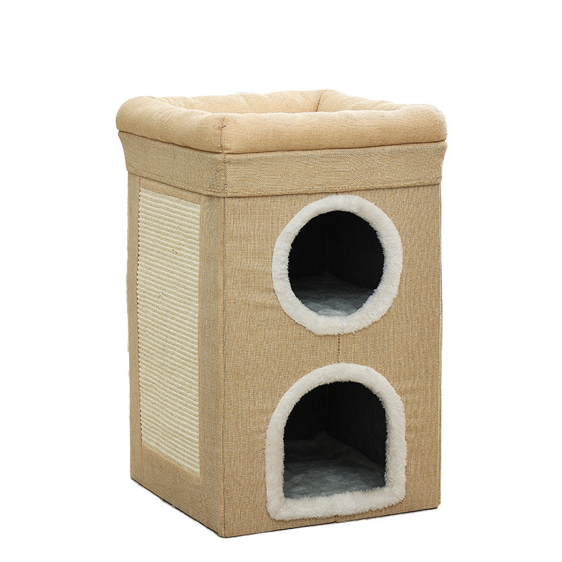 Beige 3-Story Villa Cat House with Scratching Posts - Foldable Double-Decker Cat Condo, Warm & Breathable V888-ELOSUNG48746