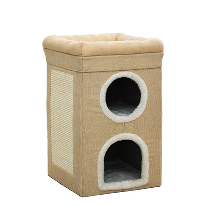 Beige 3-Story Villa Cat House with Scratching Posts - Foldable Double-Decker Cat Condo, Warm & Breathable V888-ELOSUNG48746