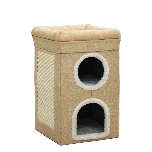 Beige 3-Story Villa Cat House with Scratching Posts - Foldable Double-Decker Cat Condo, Warm & Breathable V888-ELOSUNG48746