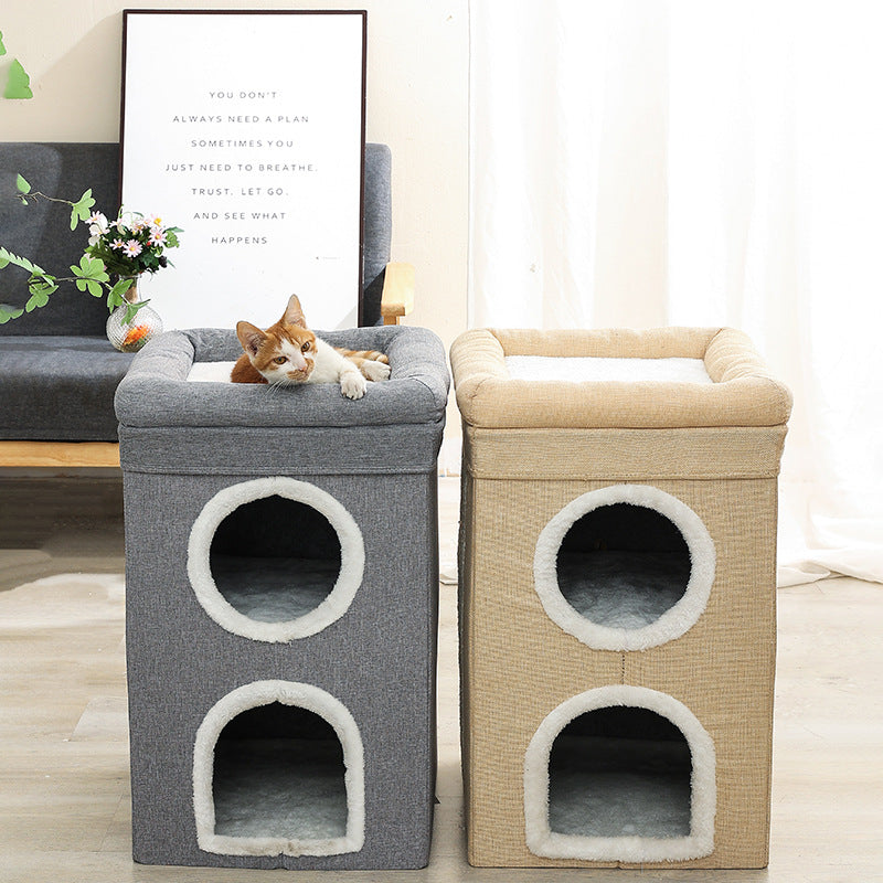 Beige 3-Story Villa Cat House with Scratching Posts - Foldable Double-Decker Cat Condo, Warm & Breathable V888-ELOSUNG48746