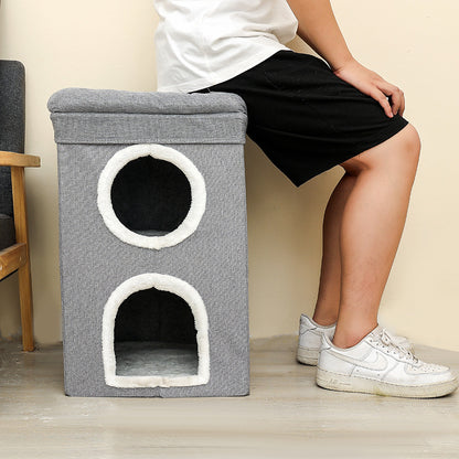 Beige 3-Story Villa Cat House with Scratching Posts - Foldable Double-Decker Cat Condo, Warm & Breathable V888-ELOSUNG48746