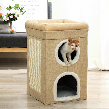 Beige 3-Story Villa Cat House with Scratching Posts - Foldable Double-Decker Cat Condo, Warm & Breathable V888-ELOSUNG48746