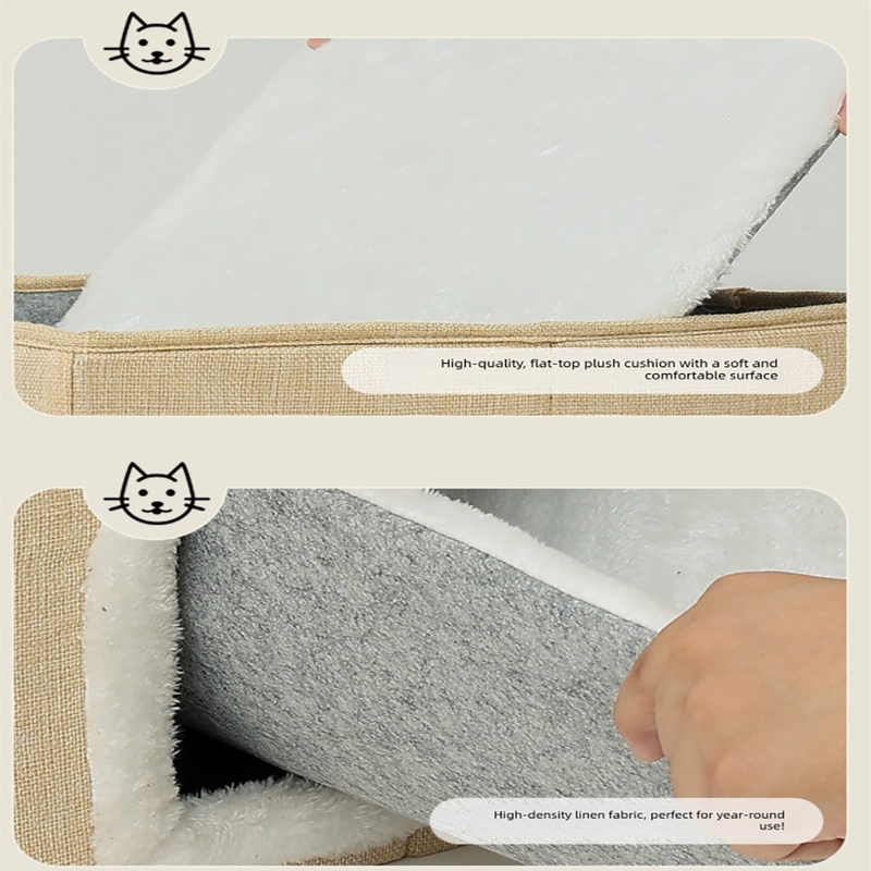 Beige 3-Story Villa Cat House with Scratching Posts - Foldable Double-Decker Cat Condo, Warm & Breathable V888-ELOSUNG48746
