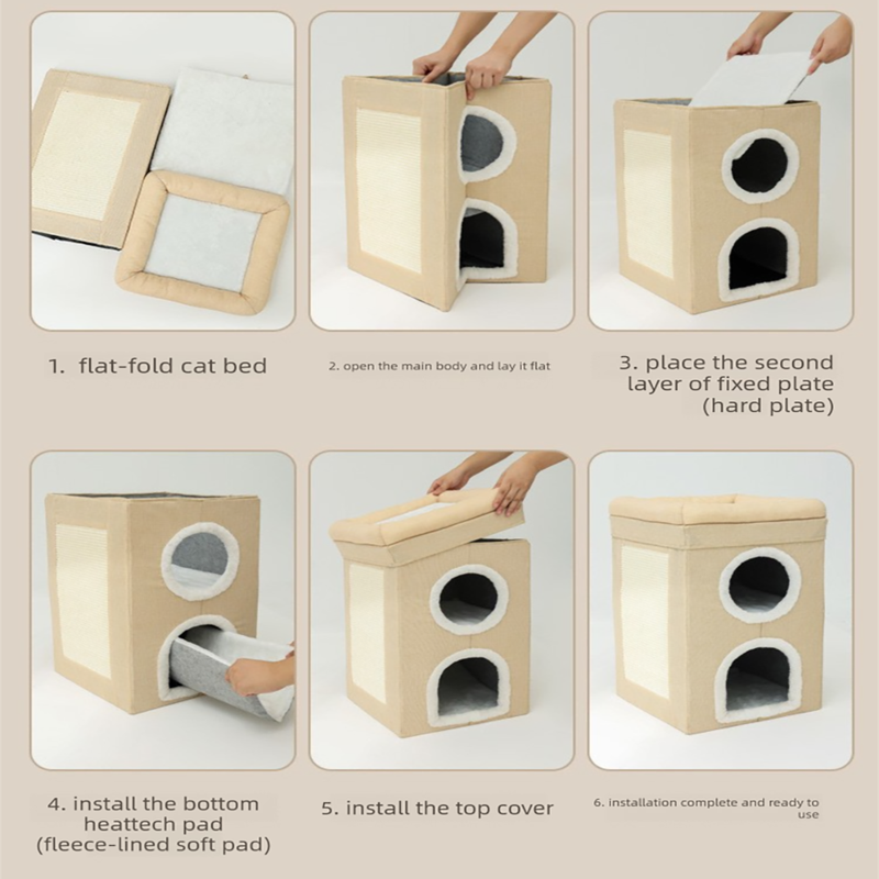 Beige 3-Story Villa Cat House with Scratching Posts - Foldable Double-Decker Cat Condo, Warm & Breathable V888-ELOSUNG48746