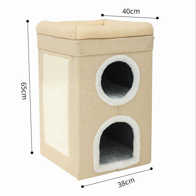 Beige 3-Story Villa Cat House with Scratching Posts - Foldable Double-Decker Cat Condo, Warm & Breathable V888-ELOSUNG48746