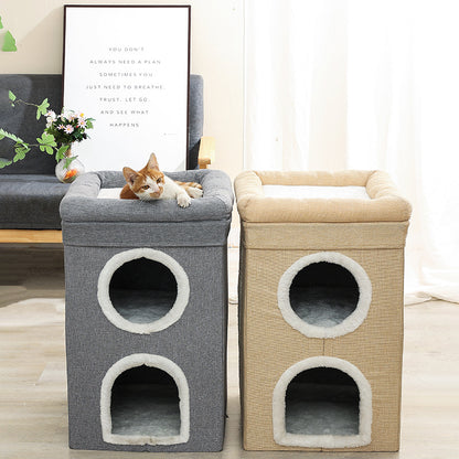 Grey 3-Story Villa Cat House with Scratching Posts - Foldable Double-Decker Cat Condo, Warm & Breathable V888-ELOSUNG48747