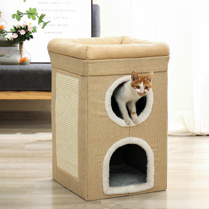 Grey 3-Story Villa Cat House with Scratching Posts - Foldable Double-Decker Cat Condo, Warm & Breathable V888-ELOSUNG48747
