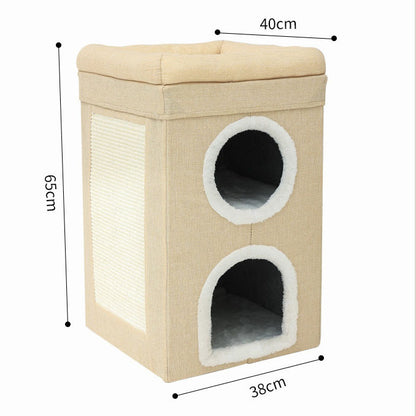 Grey 3-Story Villa Cat House with Scratching Posts - Foldable Double-Decker Cat Condo, Warm & Breathable V888-ELOSUNG48747
