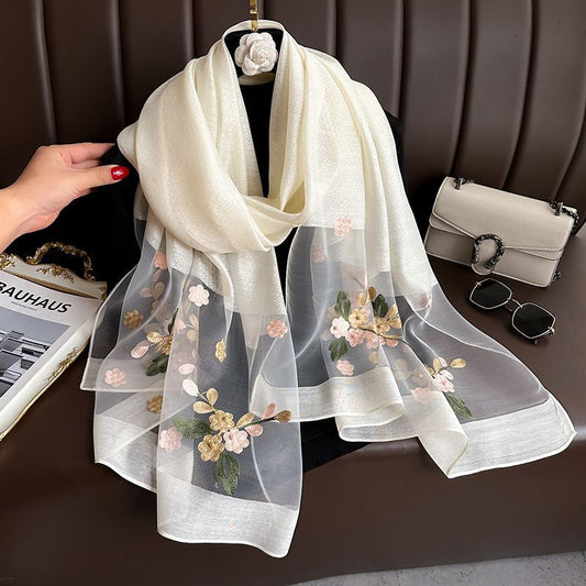Beige Elegant Embroidered Begonia Flower Long Scarf for Women - Beaded Faux Silk Shawl with Floral Design, V888-ELOSUNG48754