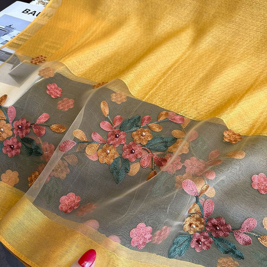 Beige Elegant Embroidered Begonia Flower Long Scarf for Women - Beaded Faux Silk Shawl with Floral Design, V888-ELOSUNG48754