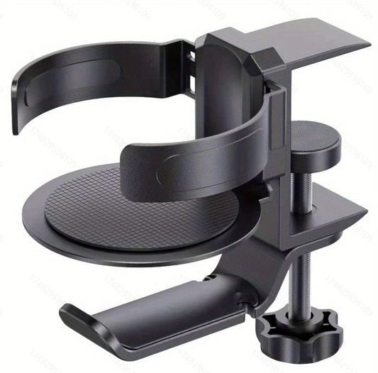 Black 2-in-1 Rotating Headphone and Cup Holder - No-Drill Aluminum Alloy Desk Clamp Mount for Over-Ear V888-ELOSUNG48775