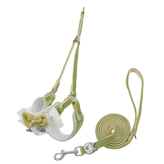 Green Lace Y-Shaped Pet Harness and Leash Set - Breathable Mesh Vest for Small to Medium Dogs and Cats - V888-ELOSUNG48786