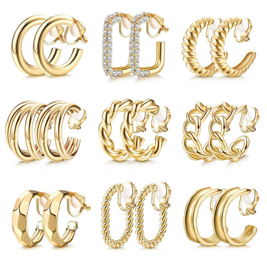 9 Pairs Geometric C-Shaped Non-Pierced Ear Clips Minimalist Hollow Electroplated Alloy Ear Cuffs Painless V888-ELOSUNG48809