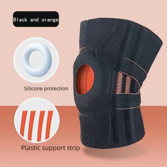 Black and orange Adjustable Open Patella Knee Brace with Spring Support and Compression Straps for Basketball V888-ELOSUNG48865