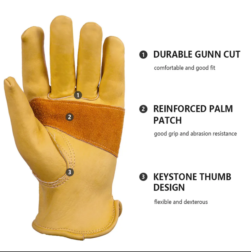 Size M Golden Yellow Top-Grain Cowhide Protective Work Gloves, Durable Wear-Resistant Labor Safety Solution V888-ELOSUNG48883