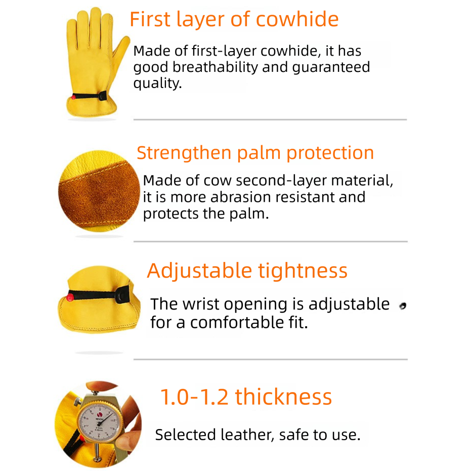 Size L Golden Yellow Top-Grain Cowhide Protective Work Gloves, Durable Wear-Resistant Labor Safety Solution V888-ELOSUNG48884
