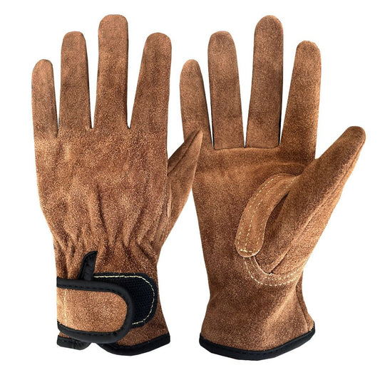 Size M Heavy-Duty Cowhide Protective Gloves with Heat Resistant and Wear-Proof Leather for Outdoor Camping V888-ELOSUNG48890