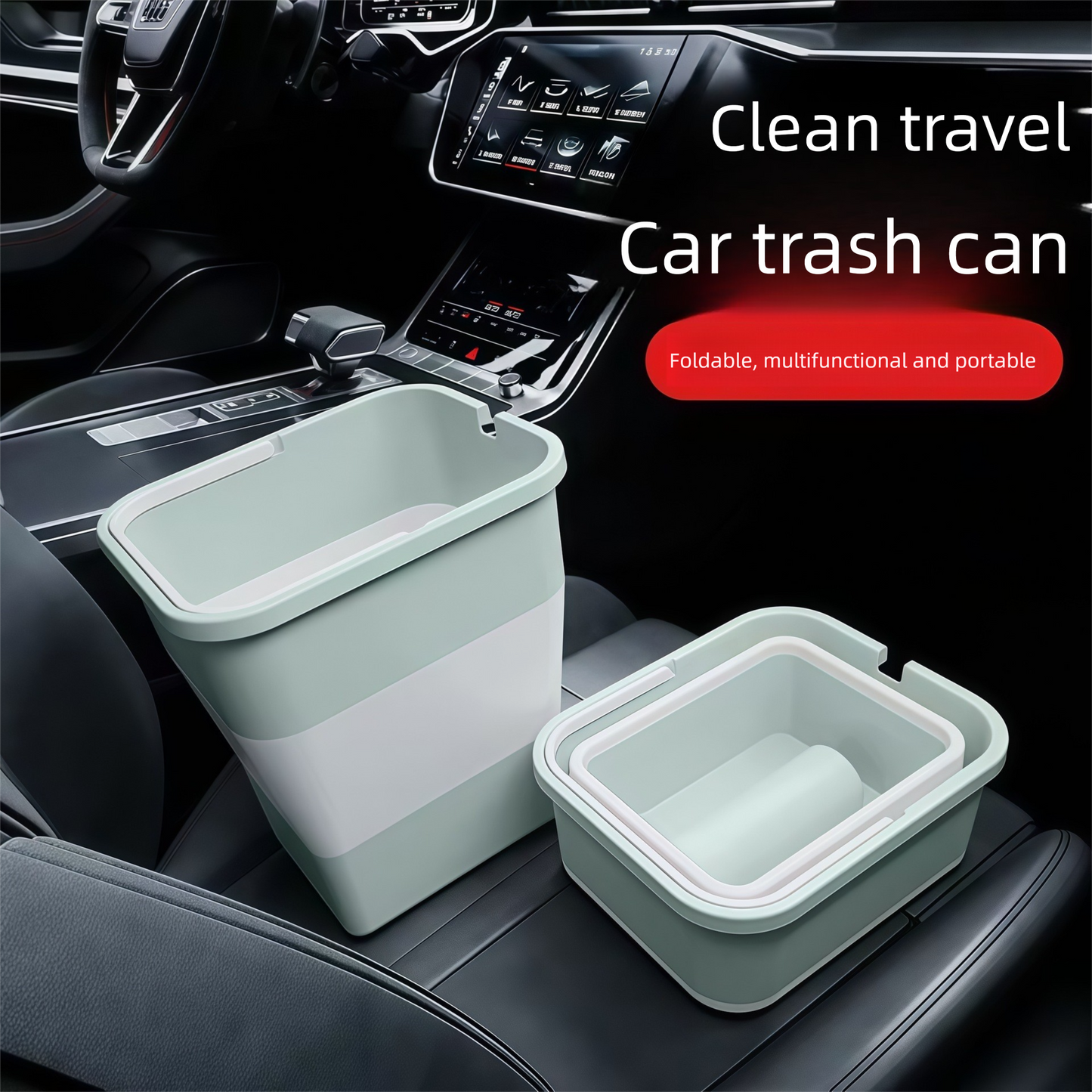 Beige Foldable Car Trash Can and Multi-Functional Storage Bin - Includes 5 Rolls of Bags - Leak-Proof V888-ELOSUNG48921