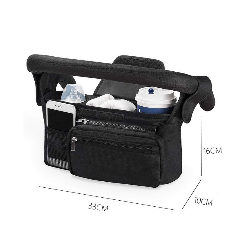 Black Universal Stroller Organizer Bag - Durable Water-Resistant Fabric - Dual Insulated Cup Holders, Large V888-ELOSUNG48936