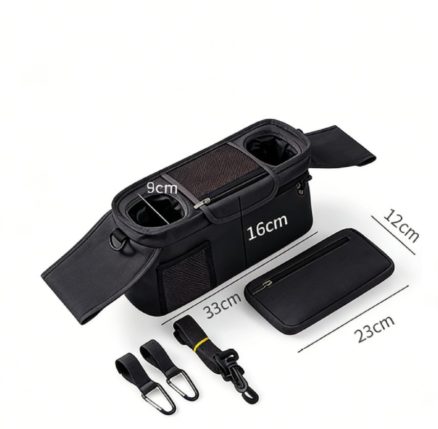 Black Universal Stroller Organizer Bag - Durable Water-Resistant Fabric - Dual Insulated Cup Holders, Large V888-ELOSUNG48936