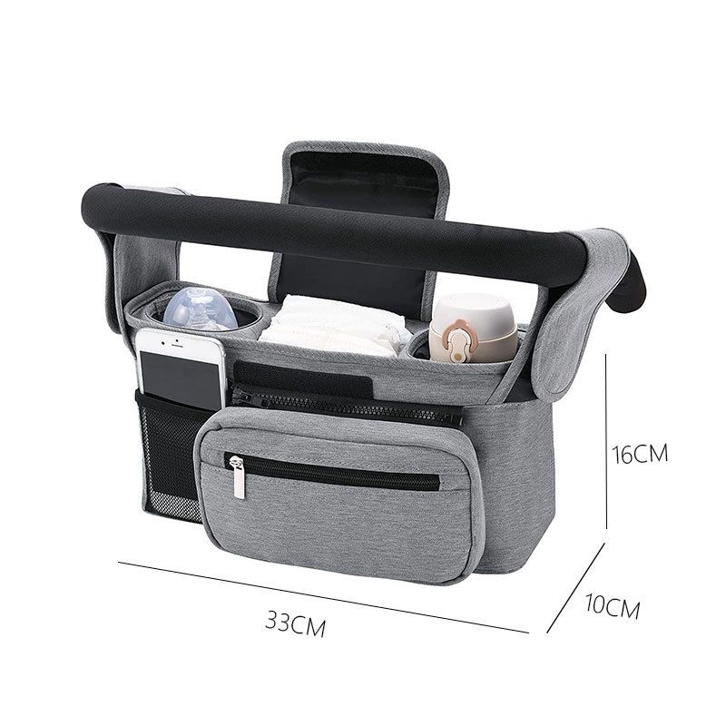 Grey Universal Stroller Organizer Bag - Durable Water-Resistant Fabric - Dual Insulated Cup Holders, Large V888-ELOSUNG48937