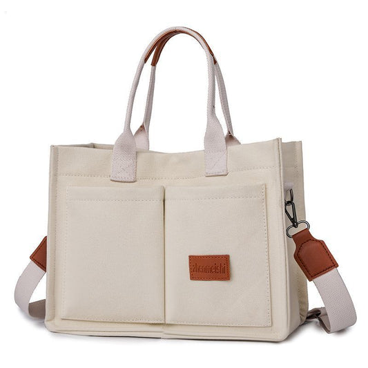 Beige Large Canvas Tote Bag for Women - Multi-Pocket Utility Organiser with Wide Adjustable Shoulder Strap - V888-ELOSUNG48944