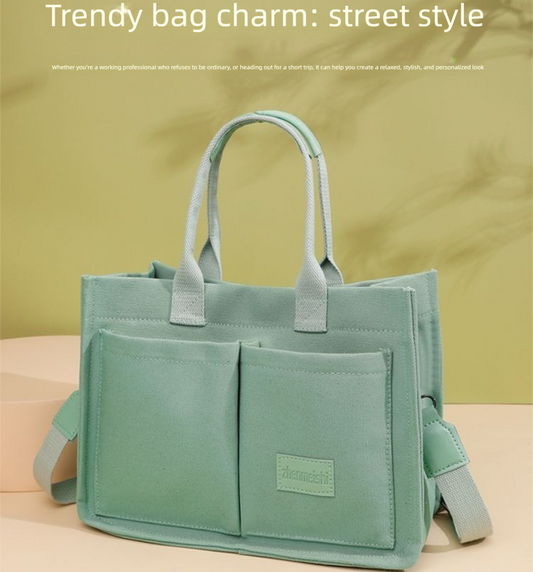 Beige Large Canvas Tote Bag for Women - Multi-Pocket Utility Organiser with Wide Adjustable Shoulder Strap - V888-ELOSUNG48944