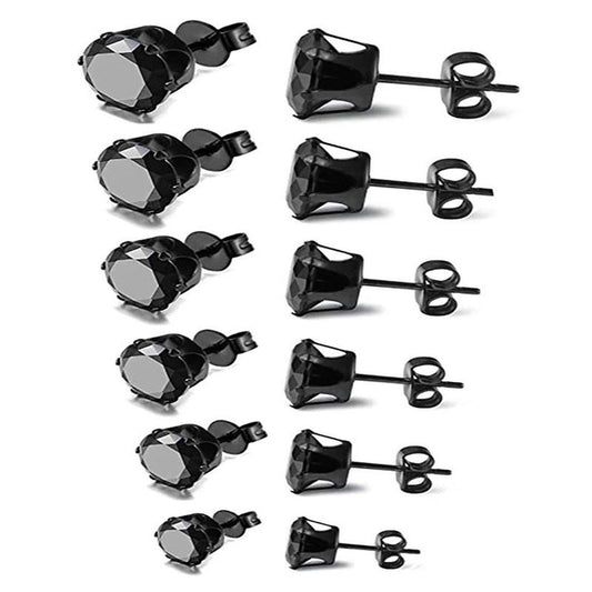 6-Pair Black Stainless Steel Stud Earring Set - Classic 6-Prong Crown Setting with Sparkling Round Cubic V888-ELOSUNG48971